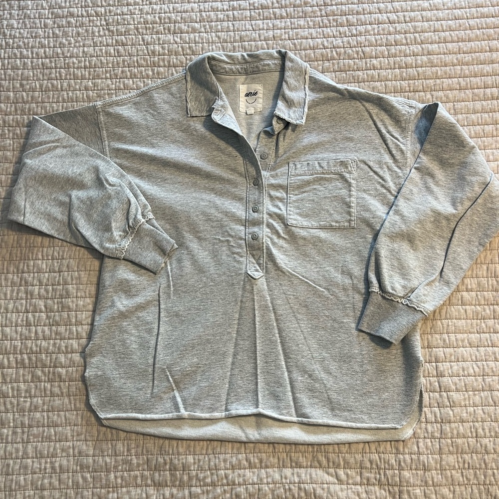 Aerie Gray Long Sleeve Polo Shirt